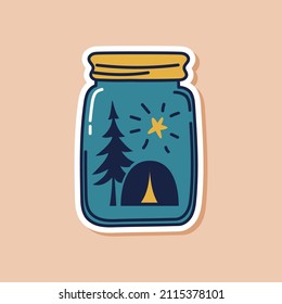 Aufkleber aus einem Doodle-Glas mit einem Campingzelt innen. Einziger Aufkleber von Silhouette Camping Reisen in der Bank. Vektorgrafik der Tierwelt.