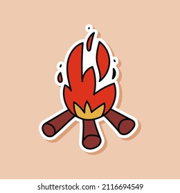 Drawn Sticker Of Red Campfire Doodle. Isolated Sticker Of Camping Flame On Logs. Wildlife Illustration Vector.