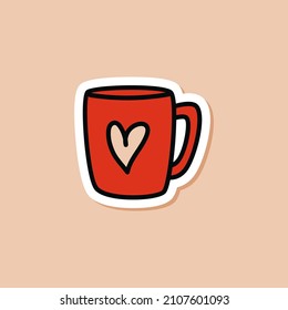 Drawn sticker of a red cup doodle with a heart. Mug sticker isolated. Vector illustration of kitchen utensils.