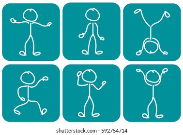 Drawn stickmen icons with various poses in bright colour. Stick figures in different positions including struggling, standing, handstand, celebrating, confused and surprised.