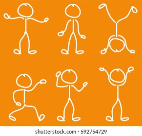 Drawn stickmen with various poses on bright orange background. Stick figures in different positions including struggling, standing, handstand, celebrating, confused and surprised.