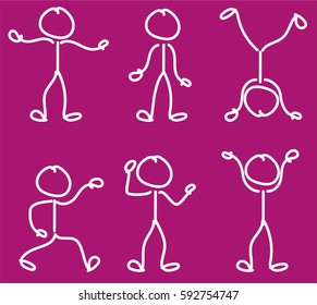 Drawn stickmen with various poses on bright pink background. Stick figures in different positions including struggling, standing, handstand, celebrating, confused and surprised.