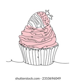 Drawn strawberry cupcake on white background