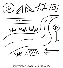 collection des Éléments de la circulation et de la rue dessinée. Éléments de Musique urbaine créatifs en style Doodle - Ensemble d'Images vectorielles