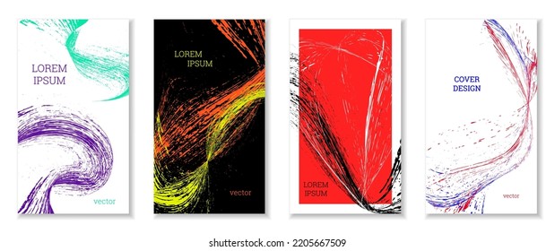 Drawn strokes, waves. Abstract cover. Set of 4 covers, vector.