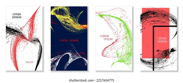 Golpes dibujados, olas. Cobertura abstracta. Conjunto de 4 cubiertas, vector.