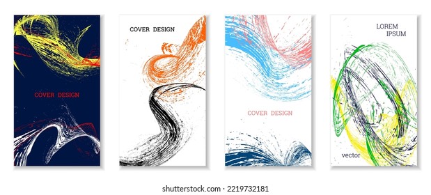 Drawn strokes, waves. Abstract cover. Set of 4 covers, vector.