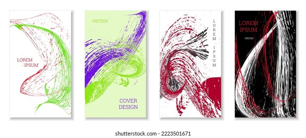 Drawn strokes, waves. Abstract cover. Set of 4 covers, vector.