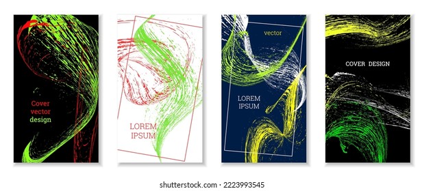 Drawn strokes, waves. Abstract cover. Set of 4 covers, vector.