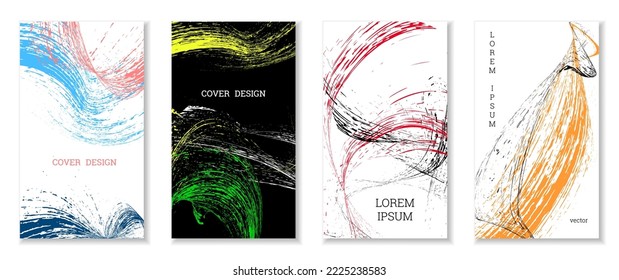 Drawn strokes, waves. Abstract cover. Set of 4 covers, vector.