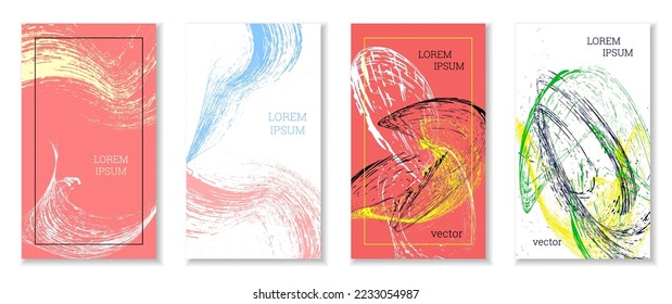 Drawn strokes, waves. Abstract cover. Set of 4 covers, vector.