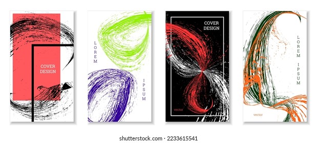 Drawn strokes, waves. Abstract cover. Set of 4 covers, vector.