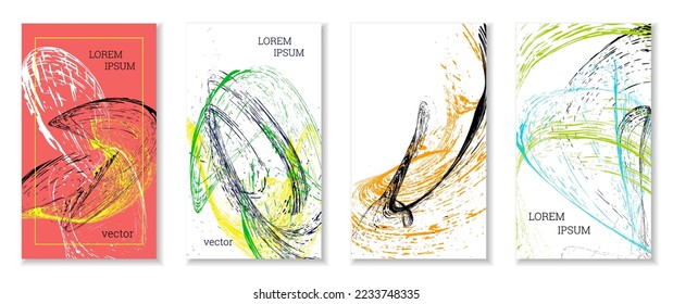 Drawn strokes, waves. Abstract cover. Set of 4 covers, vector.
