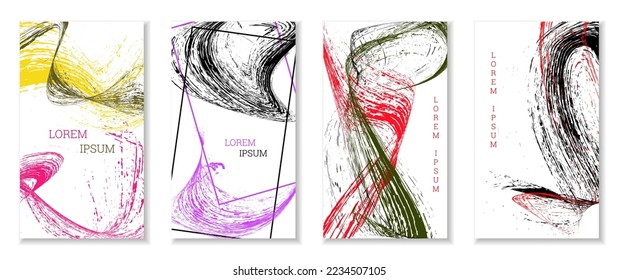 Drawn strokes, waves. Abstract cover. Set of 4 covers, vector.