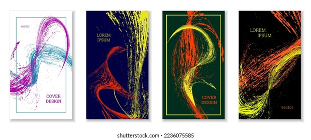 Golpes dibujados, olas. Cobertura abstracta. Conjunto de 4 cubiertas, vector.