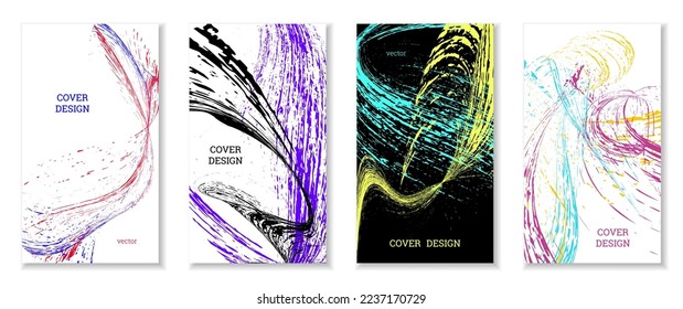 Drawn strokes, waves. Abstract cover. Set of 4 covers, vector.