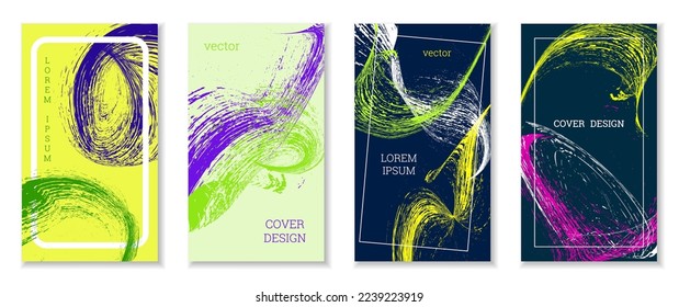 Golpes dibujados, olas. Cobertura abstracta. Conjunto de 4 cubiertas, vector.