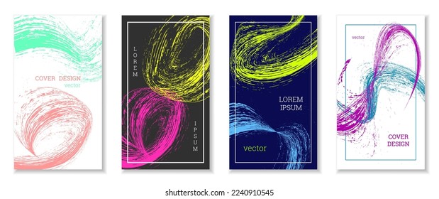 Drawn strokes, waves. Abstract cover. Set of 4 covers, vector.