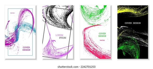 Golpes dibujados, olas. Cobertura abstracta. Conjunto de 4 cubiertas, vector.