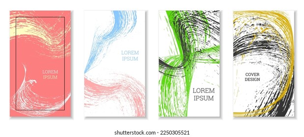 Drawn strokes, waves. Abstract cover. Set of 4 covers, vector.