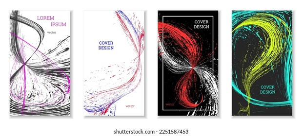 Golpes dibujados, olas. Cobertura abstracta. Conjunto de 4 cubiertas, vector.
