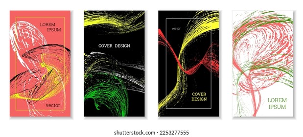 Drawn strokes, waves. Abstract cover. Set of 4 covers, vector.