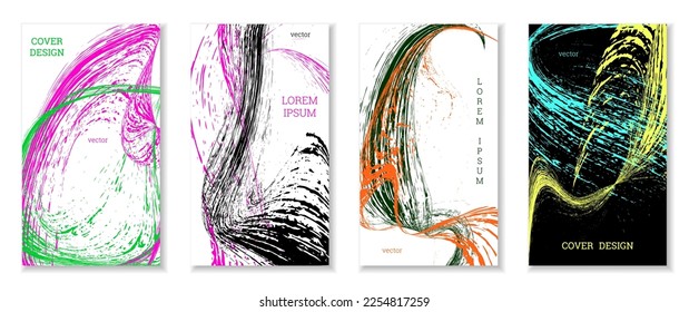 Drawn strokes, waves. Abstract cover. Set of 4 covers, vector.