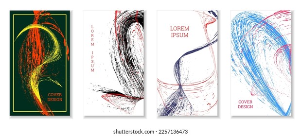 Drawn strokes, waves. Abstract cover. Set of 4 covers, vector.