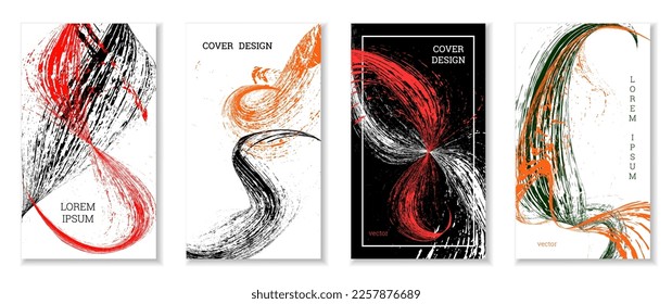 Golpes dibujados, olas. Cobertura abstracta. Conjunto de 4 cubiertas, vector.