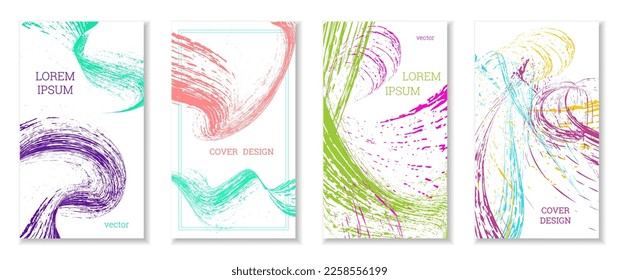 Drawn strokes, waves. Abstract cover. Set of 4 covers, vector.