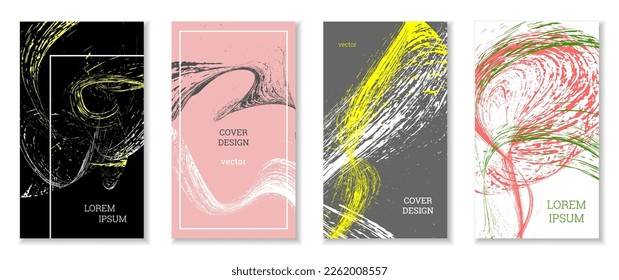 Drawn strokes, waves. Abstract cover. Set of 4 covers, vector.