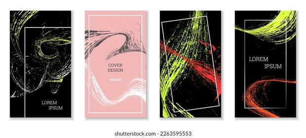 Drawn strokes, waves. Abstract cover. Set of 4 covers, vector.