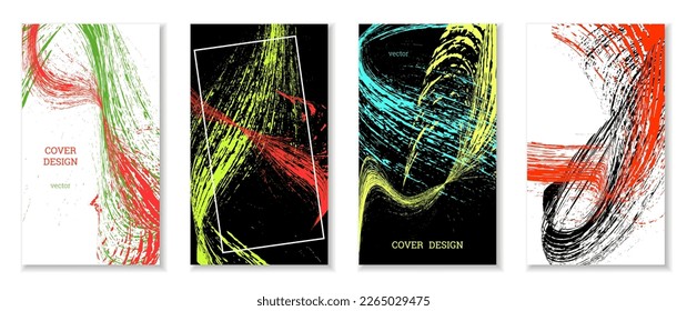 Drawn strokes, waves. Abstract cover. Set of 4 covers, vector.
