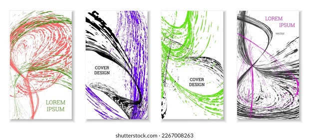 Golpes dibujados, olas. Cobertura abstracta. Conjunto de 4 cubiertas, vector.