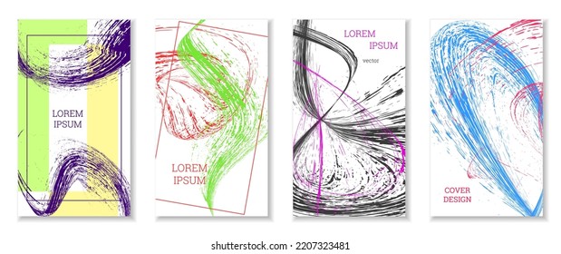 Drawn strokes or waves. Set of 4 covers. EPS vector abstract cover design.