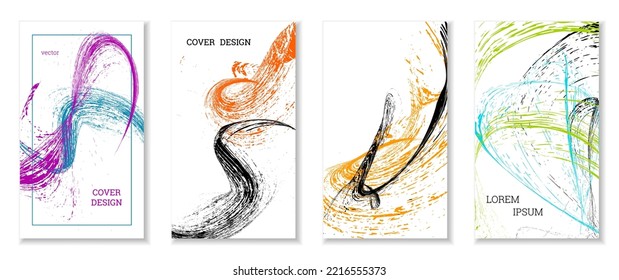 Drawn strokes or waves. Set of 4 covers. EPS vector abstract cover design.