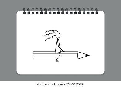 drawn student flying back to school, on top of giant pencil, horizontal spiral bound sketchbook page, simple sketch, grey background, vector illustration