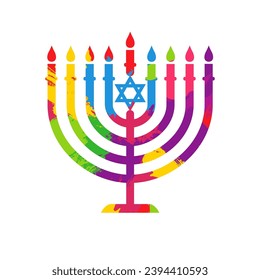 Drawn style hanukkah menorah. Happy Hanukkah Jewish festival of lights,  menorah candle icon with colored ink blots texture. Vector illustration