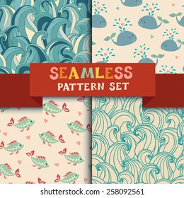 Drawn style seamless background patterns. Vector illustrations. Whale,  Ã?Â�Ã?Â¥-ray tetra fish and abstract seamless pattern