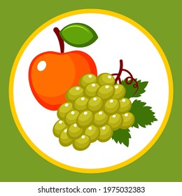 Drawn stylized apple and a bunch of grapes with a leaf. Vector illustration.