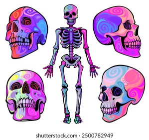 Drawn stylized human skulls and skeleton in cartoon style