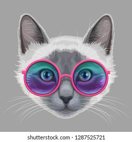 Drawn stylized muzzle of white-gray cat with stylish glamor eyeglasses