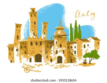 Drawn sunny italian cityscape. Old houses. Italy