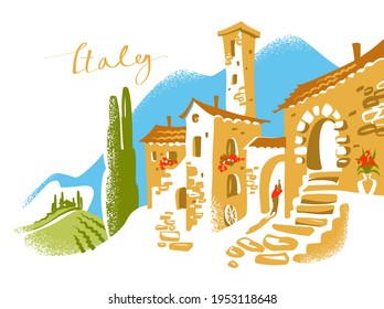 Drawn sunny italian cityscape. Seaside houses. Tuscany. Italy