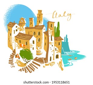 Drawn sunny italian cityscape. Seaside houses. Italy