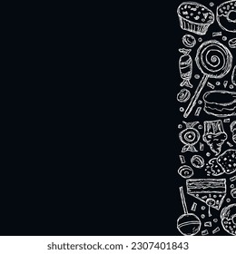 Drawn sweets background. Doodle food illustration with sweets and place for text