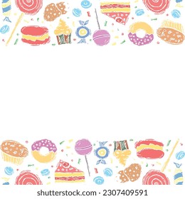 Caramelos dibujados al fondo. Ilustración de alimentos con caramelos y lugar para texto
