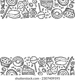 Caramelos dibujados al fondo. Ilustración de alimentos con caramelos y lugar para texto