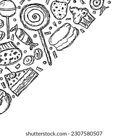 Caramelos dibujados al fondo. Ilustración de alimentos con caramelos y lugar para texto