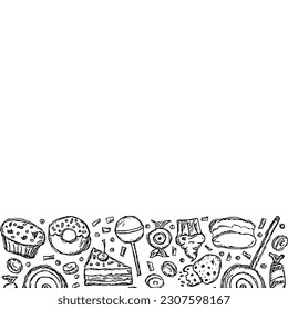 Drachensüßer Hintergrund. Doodle-Food-Illustration mit Süßigkeiten und Platz für Text